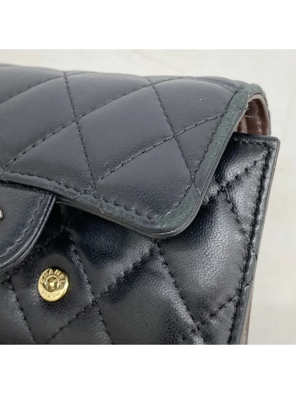 Chanel Trifold Wallet Quilted Lambskin Black Gold